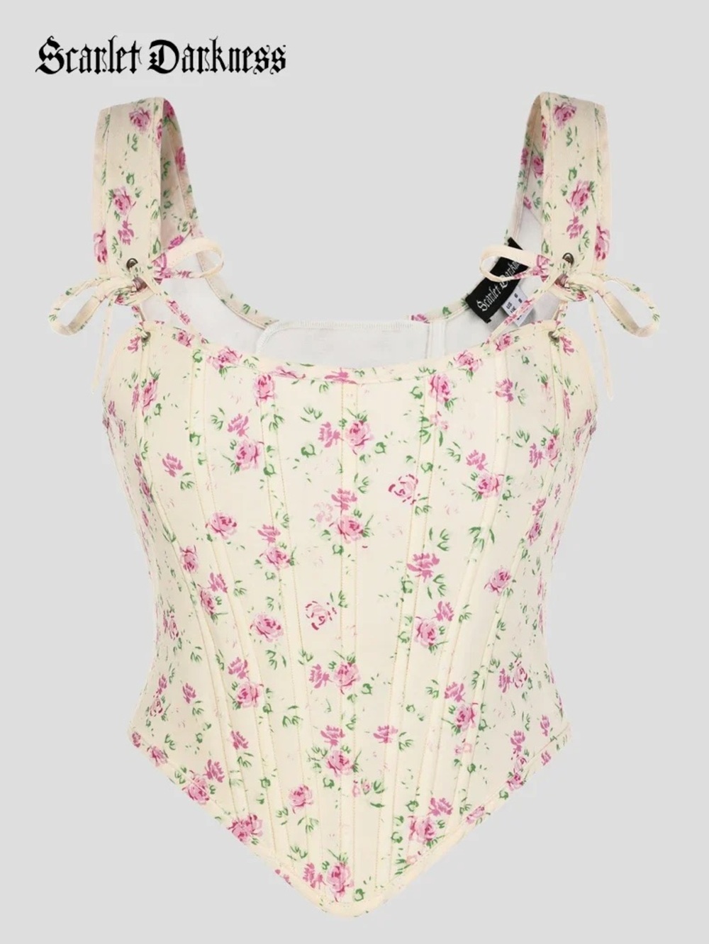 Scarlet Darkness Cream Floral Corset with Pink Rose Print